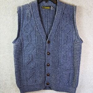 Cornel Cardigan Vest Mens Large Blue Hand Loomed Donegal Wool Cable Knit Ireland